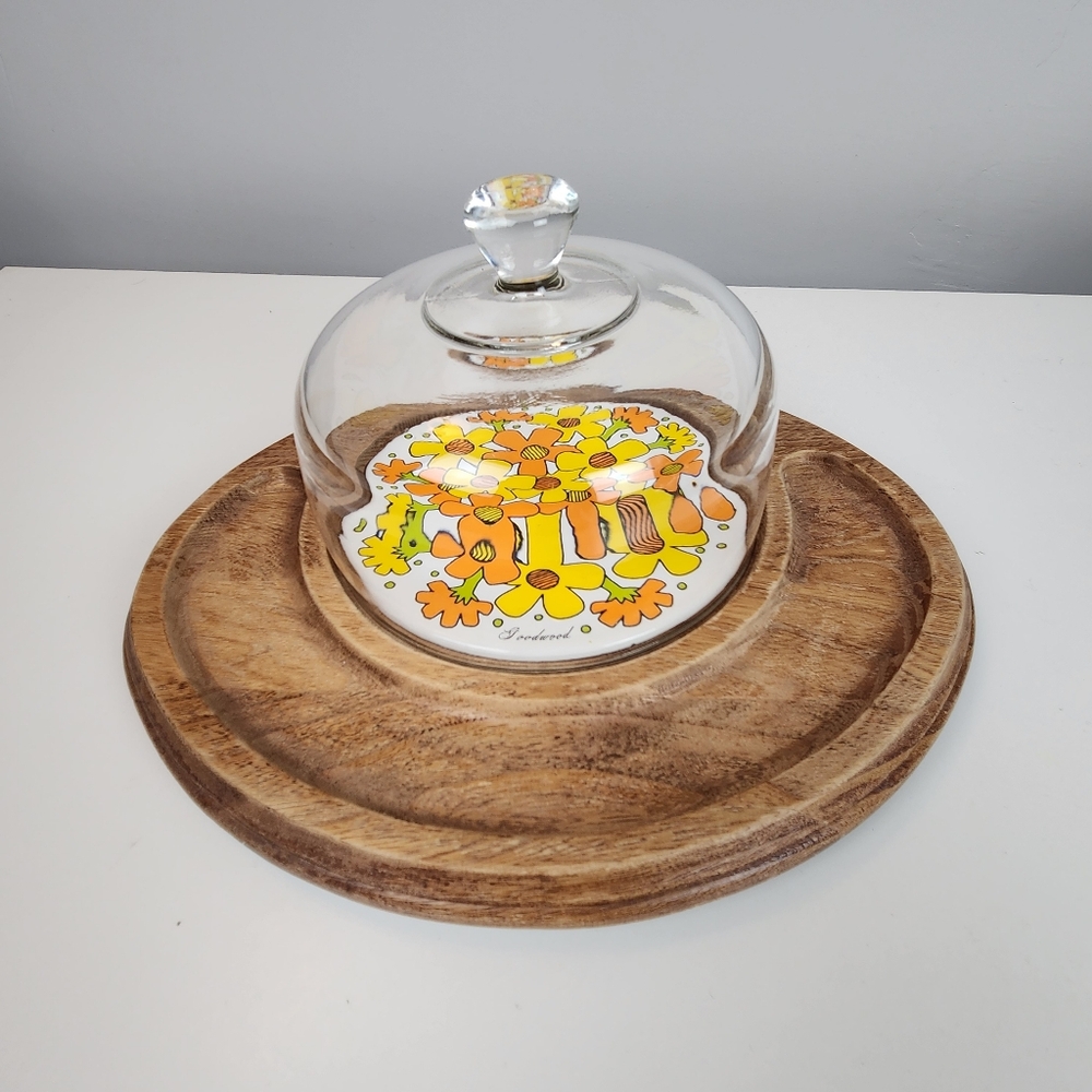  Goodwood Teak Wood Cheese Tray  Glass Cloche Dome Floral Daisy Tile - Picture 2 of 6